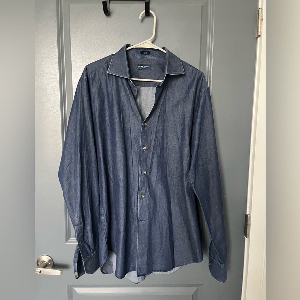 Peter Millar - Men’s Navy Blue Denim Button-Down Shirt | Size Large